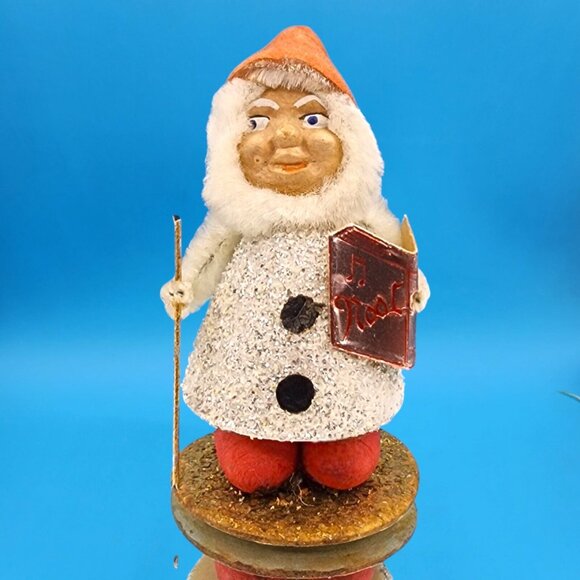 Vintage 1950s Putz Elf Christmas Ornament • Red Flocked Hat • Holding Book & Sta - Picture 2 of 9